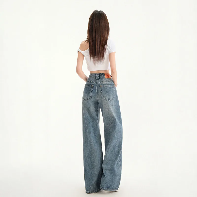 Retro High Waist Stud Design Jeans Lightning Blue Lengthened - Shop at LoveMi