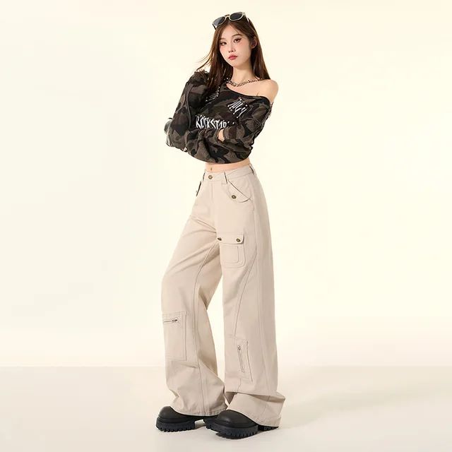 Design Skinny Wide Leg High Waist Jeans Khaki Trousers - Shop at LoveMi