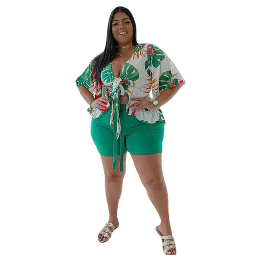 Women's Plus Size Two piece Suit Printed Casual Cardigan Shorts Suit Black - Shop at LoveMi