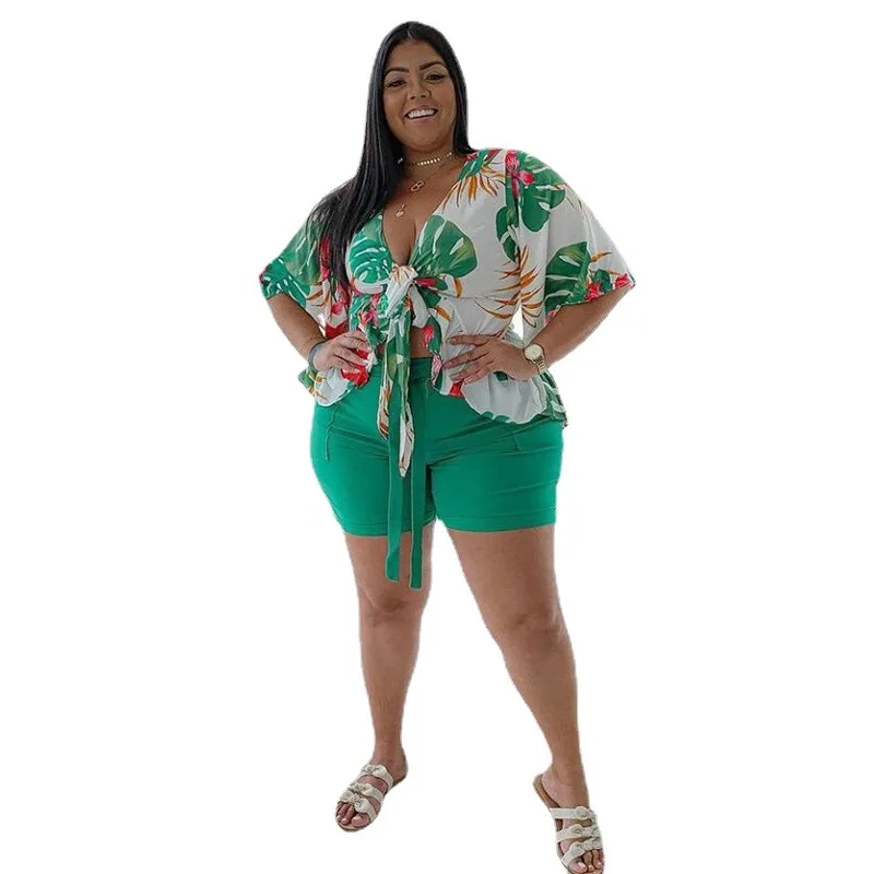 Women's Plus Size Two-piece Suit Printed Casual Cardigan Shorts Suit - Black - View 1