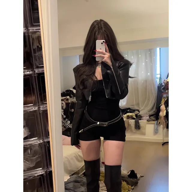 Autumn Short Leather Jacket Short Coat Jacket Waist Slimming Jumpsuit Coat And Jumpsuit - Shop at LoveMi