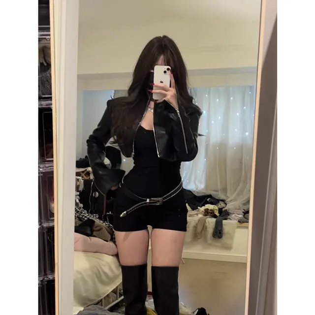 Autumn Short Leather Jacket Short Coat Jacket Waist Slimming Jumpsuit Only Leather Coat - Shop at LoveMi