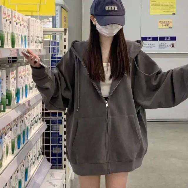 Sweater Coat For Women Spring And Autumn Outer Wear Loose And Idle Printed Hooded Dark Gray - Shop at LoveMi