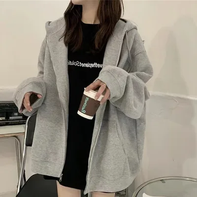 Sweater Coat For Women Spring And Autumn Outer Wear Loose And Idle Printed Hooded Light Gray - Shop at LoveMi
