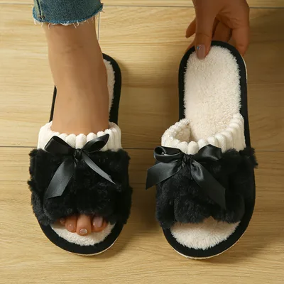 New Bow Plush Slippers Indoor Black - Shop at LoveMi