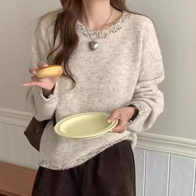 Autumn And Winter Design Collar Hem Bright Silk Solid Color Mohair Sweater Beige - Shop at LoveMi