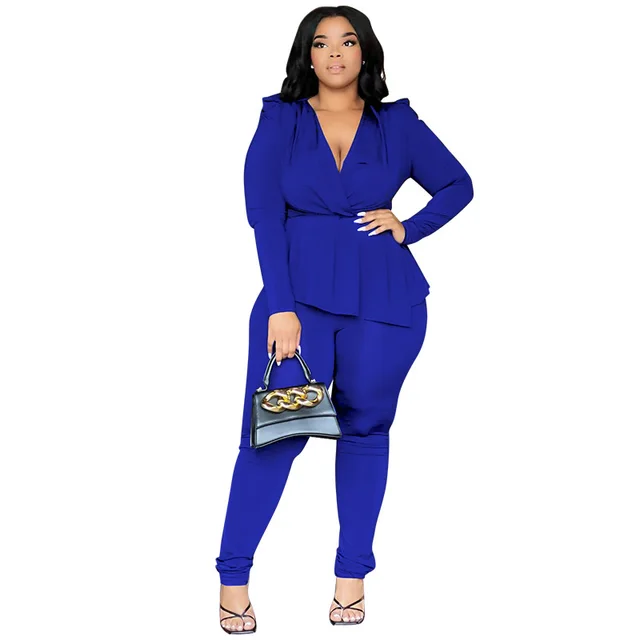 Plus Size Women's Deep V neck Long Sleeve Pencil Pants Suit Blue - Shop at LoveMi