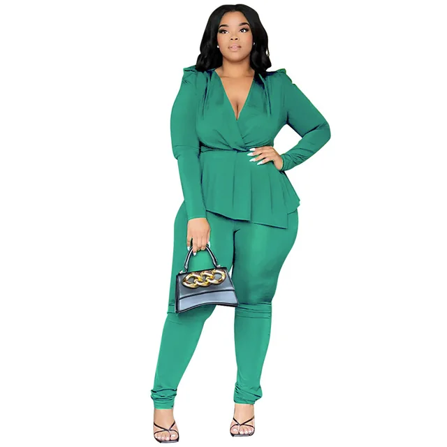 Plus Size Women's Deep V neck Long Sleeve Pencil Pants Suit Green - Shop at LoveMi