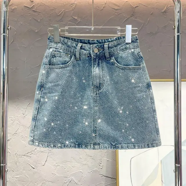 A style Starry Hot Rhinestone Versatile Slimming Casual Denim Skirt For Women Blue - Shop at LoveMi