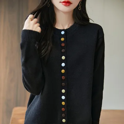 Women's Knitted Cardigan Jacket With Colorful Buttons Black - Shop at LoveMi