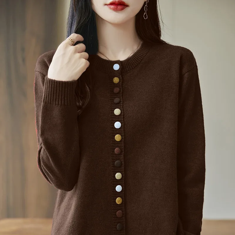 Women's Knitted Cardigan Jacket With Colorful Buttons - Brown