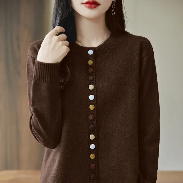 Women's Knitted Cardigan Jacket With Colorful Buttons Brown - Shop at LoveMi