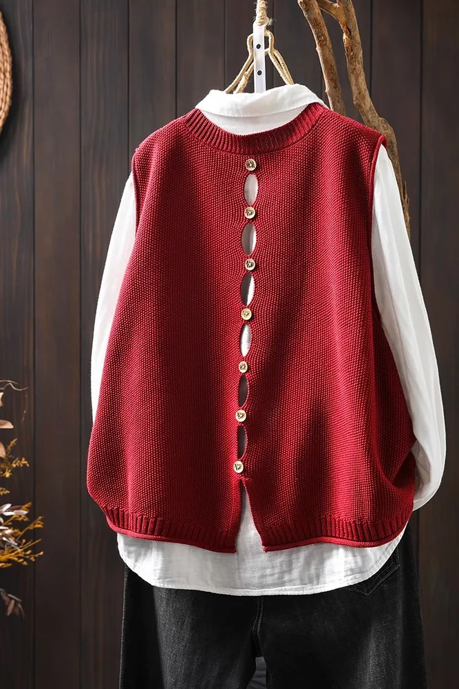 Back Buttoned Cotton Thread Knitted Vest Women - Red