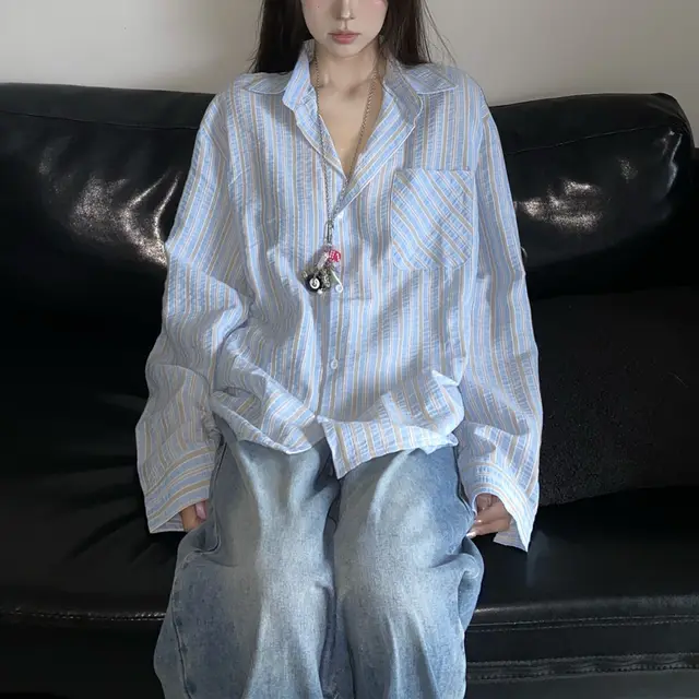 Retro Lazy Style Refreshing Stripes Shirt Coat Women Blue - Shop at LoveMi