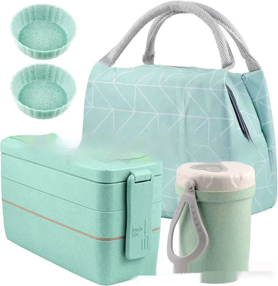 8 piece Set Japanese Lunch Box Suit Thermal Bag Breakfast Soup Cups Bento Box Set Suit Light Green - Shop at LoveMi