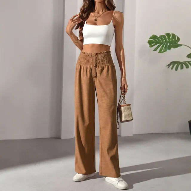 Autumn Versatile Solid Color High Waist Wooden Ear Pants Caramel Color - Shop at LoveMi