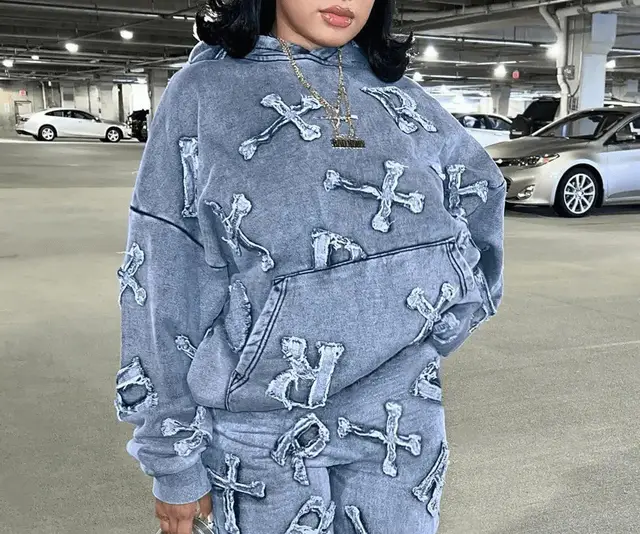 Printed Pocket Long Sleeve Sweater Trousers Suit Blue Unlined Top - Shop at LoveMi