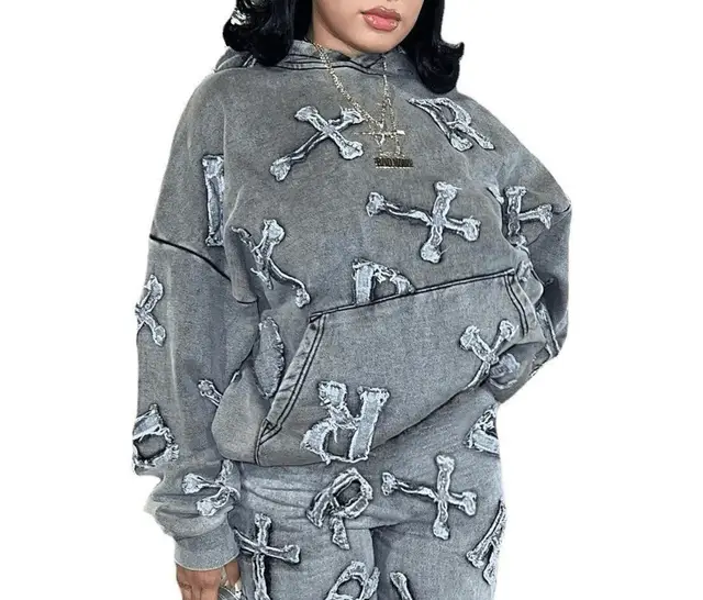 Printed Pocket Long Sleeve Sweater Trousers Suit Gray Unlined Top - Shop at LoveMi