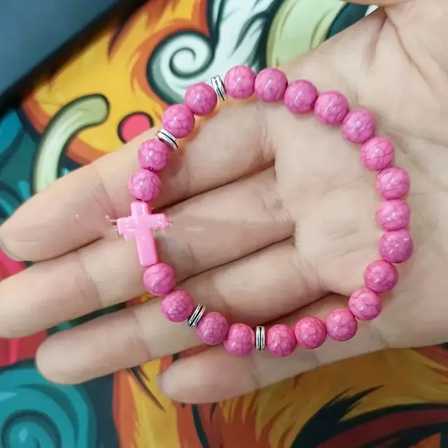 Bohemian Natural Stone Turquoise Cross Beads Bracelet Pink - Shop at LoveMi