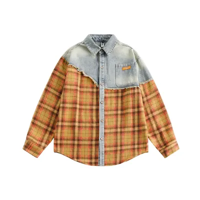 American Retro Loose Stitching Plaid Long Sleeve Shirt Yellow - Shop at LoveMi