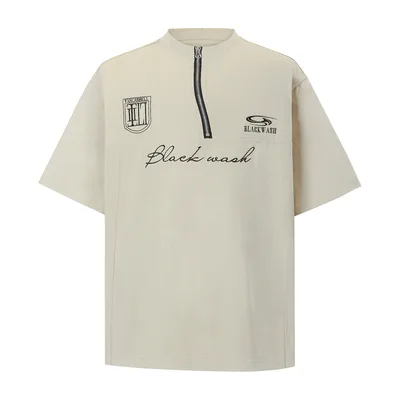 Summer Irregular Zipper Design Fabric Short Sleeve T shirt Apricot - Shop at LoveMi