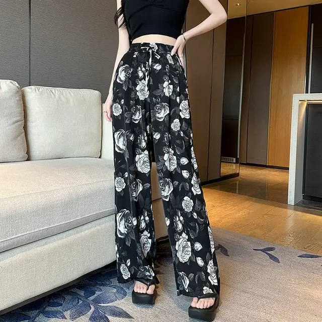Women's Drawstring Straight Wide Leg Casual Pants Picture Color - Shop at LoveMi