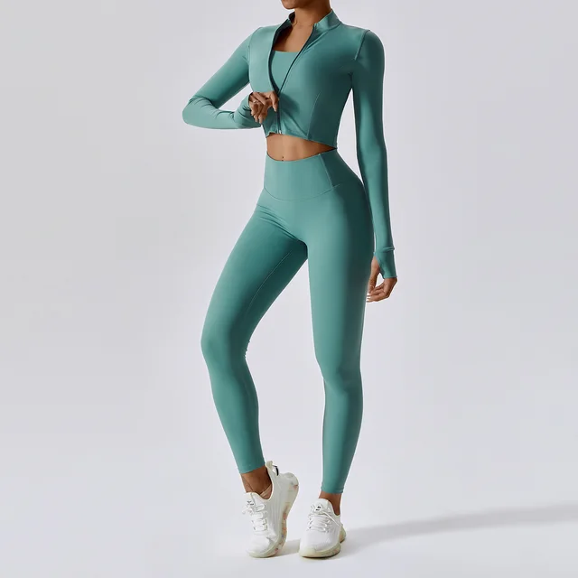 Fitness Clothing Shockproof High Waist Yoga Clothing Three Piece Set Duck Water Green - Shop at LoveMi