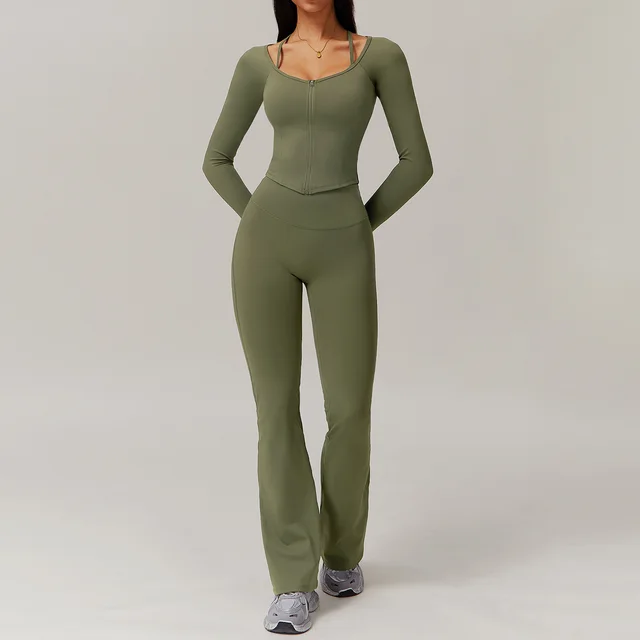 Quick drying Slim Fit Long Sleeve Yoga Wear Suit Coat Skinny Pants Green - Shop at LoveMi