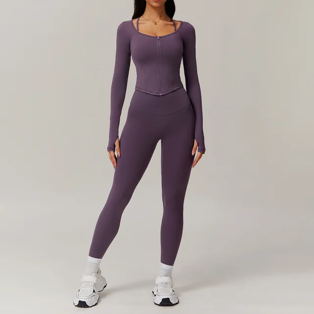 Quick drying Slim Fit Long Sleeve Yoga Wear Suit Coat Trousers Purple - Shop at LoveMi
