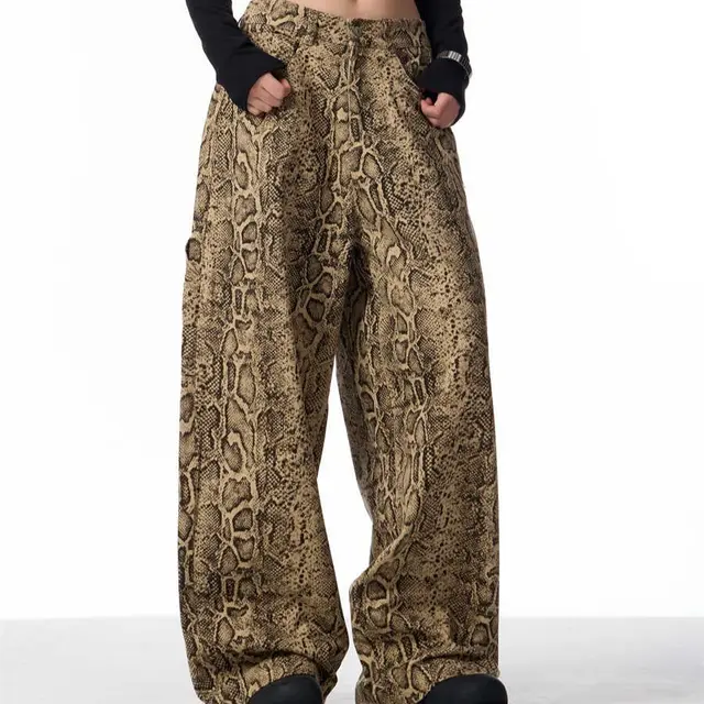 Retro Straight Slim High Street Leopard Jeans Wide Leg Blue - Shop at LoveMi