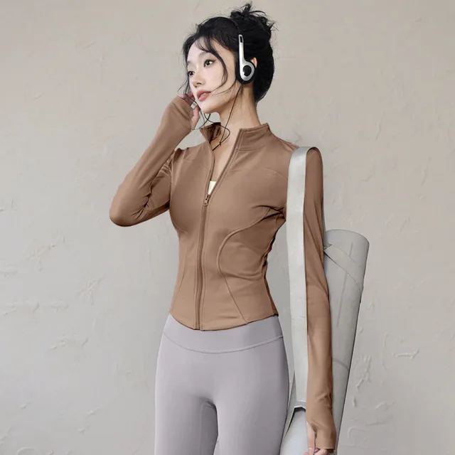 Long sleeved Tight Jacket Workout Clothes Top Zipper Yoga Clothes 8001 Coffee - Shop at LoveMi