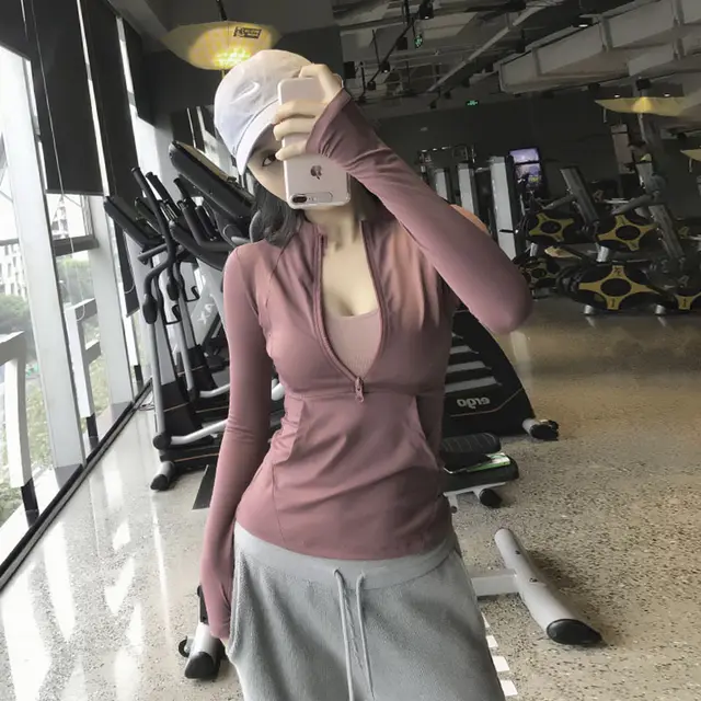 Long sleeved Tight Jacket Workout Clothes Top Zipper Yoga Clothes 8003 Lotus Root Powder - Shop at LoveMi
