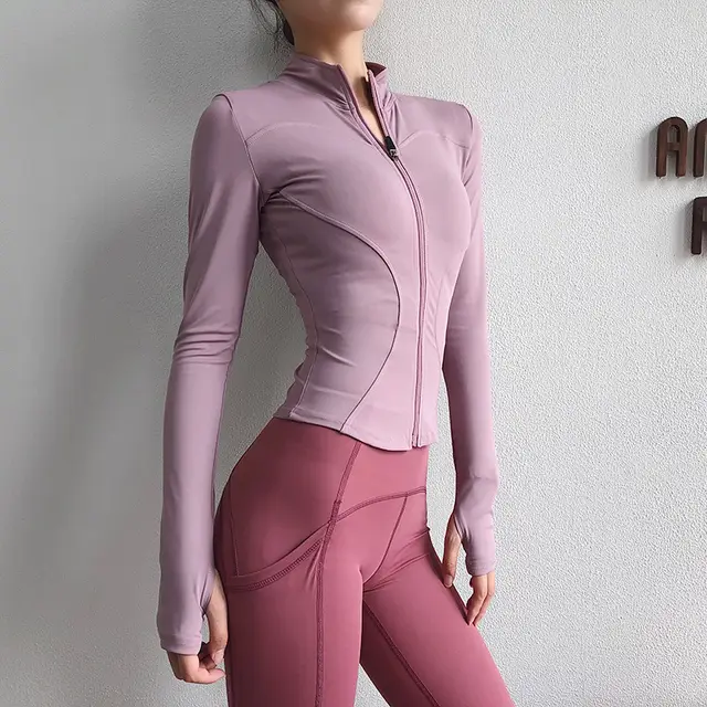 Long sleeved Tight Jacket Workout Clothes Top Zipper Yoga Clothes Pink - Shop at LoveMi