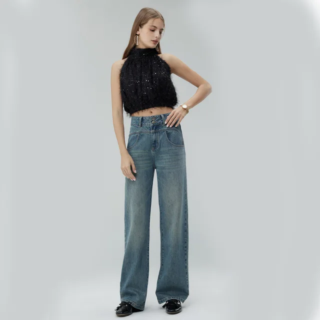 Retro Style High Waist Distressed Wide Leg Mop Pants Women Retro Blue - Shop at LoveMi