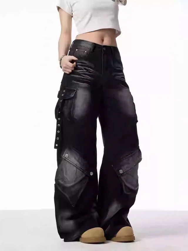 Women's Black And Gray Distressed Wide leg Pants Black - Shop at LoveMi