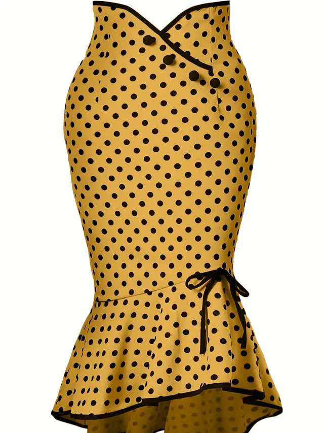Button Lace up Polka Dots Half Body Slim fit Fishtail Skirt Yellow - Shop at LoveMi