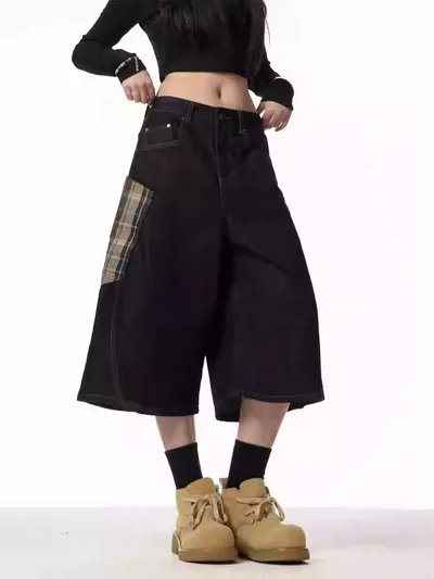 Plaid Patchwork Washed Radish Jeans For Women Coffee Grid - Shop at LoveMi