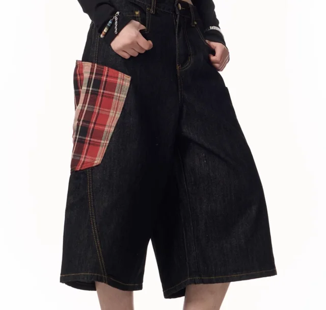 Plaid Patchwork Washed Radish Jeans For Women Red Grid Color - Shop at LoveMi