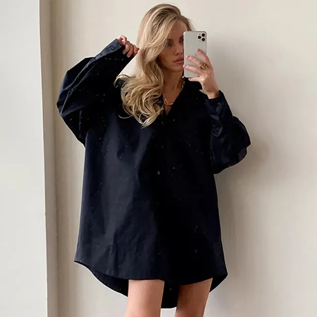 Autumn Loose Lapel Long Sleeves White Shirt Black - Shop at LoveMi