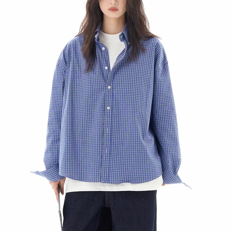 American Retro Blue Plaid Shirt Long Sleeve Women Blue - Shop at LoveMi