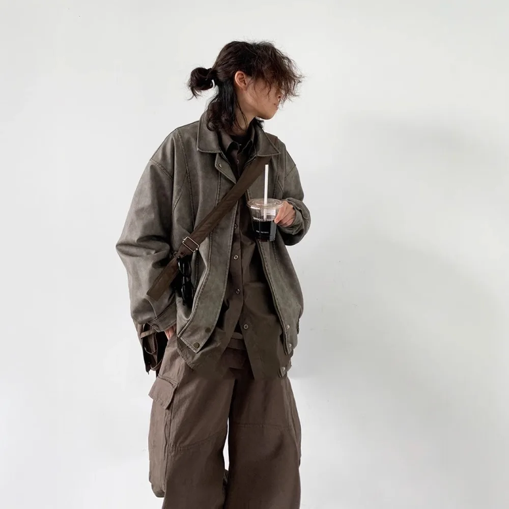 All match PU Leather Jacket American Retro Gray - Shop at LoveMi