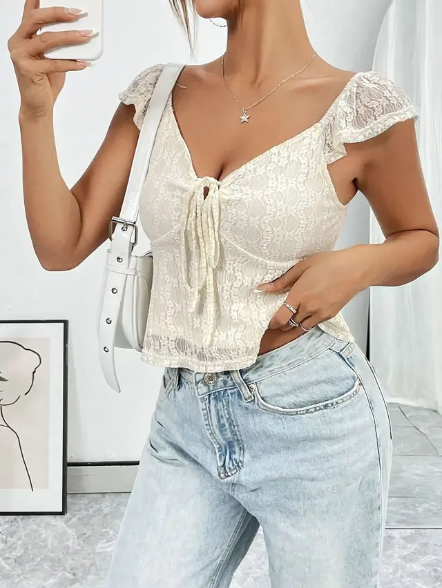 Casual Short Top Lace Lace Band V neck Top Beige - Shop at LoveMi