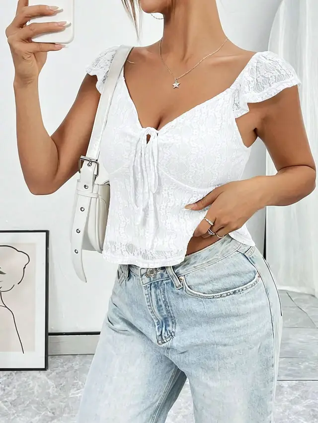 Casual Short Top Lace Lace Band V neck Top White - Shop at LoveMi