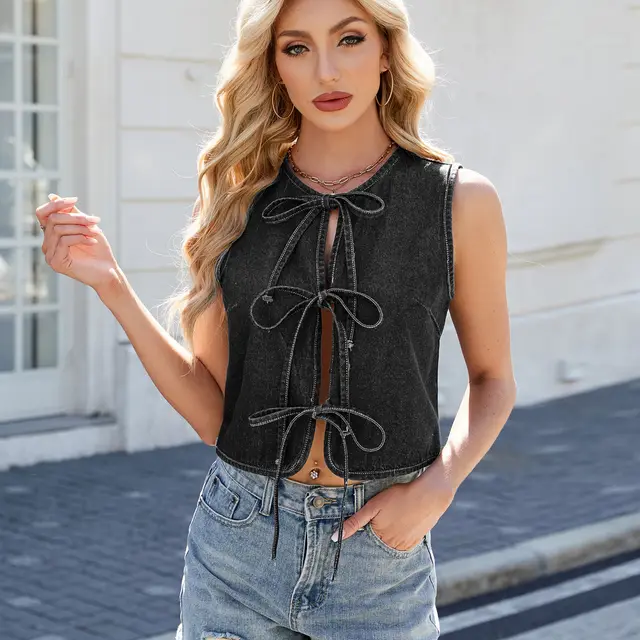 Y2K Bow tied Denim Vest INS Fashion Summer Sleeveless Tanks Top For Women Clothing Black Gray - Shop at LoveMi