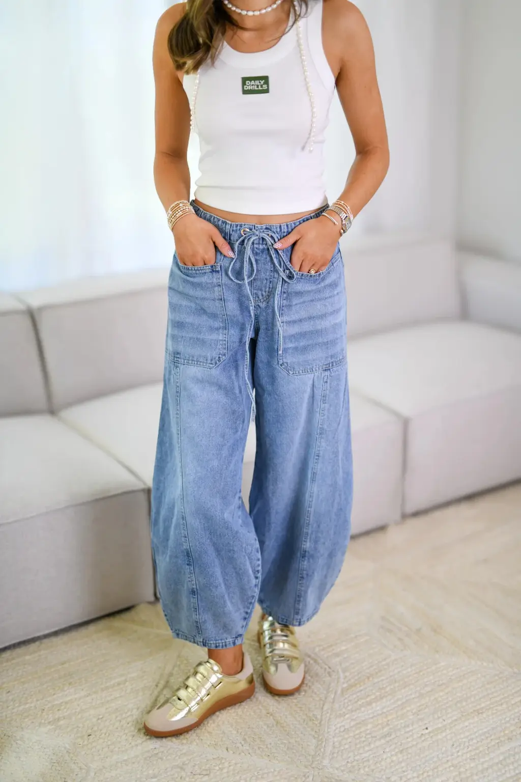 Fashion Lace-up Jeans Pants With Pockets Casual Loose Trousers For Women - Light Blue