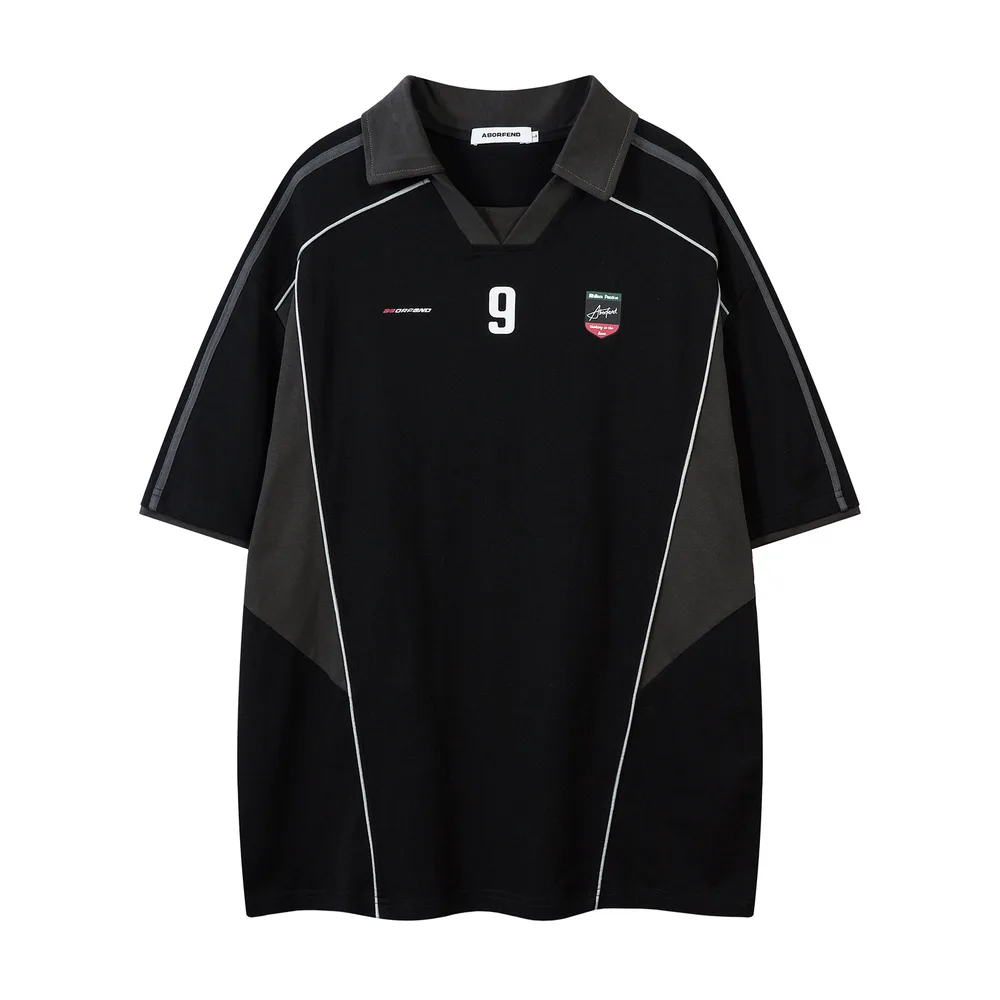 Vintage Letter Print Contrast Stitching Short Sleeves Polo Shirt - Black - View 1