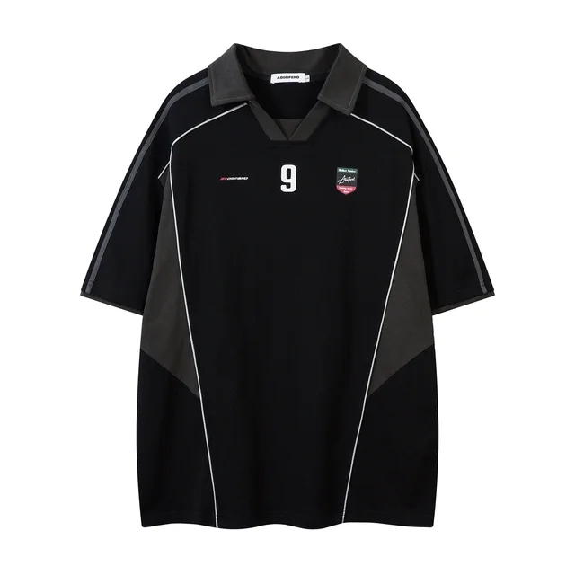 Vintage Letter Print Contrast Stitching Short Sleeves Polo Shirt Black - Shop at LoveMi