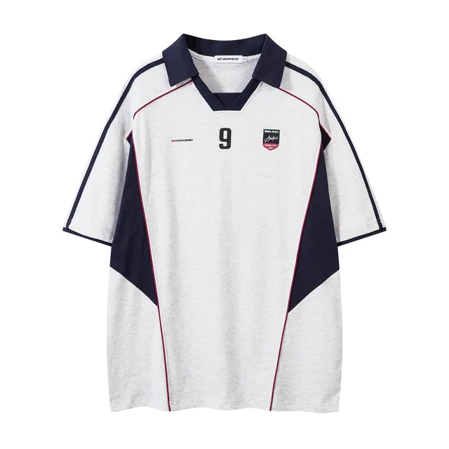 Vintage Letter Print Contrast Stitching Short Sleeves Polo Shirt Gray - Shop at LoveMi