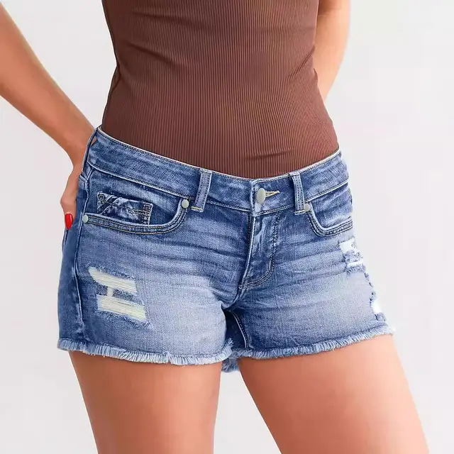 Ladies Ripped Wadding Button Shorts Light Blue - Shop at LoveMi