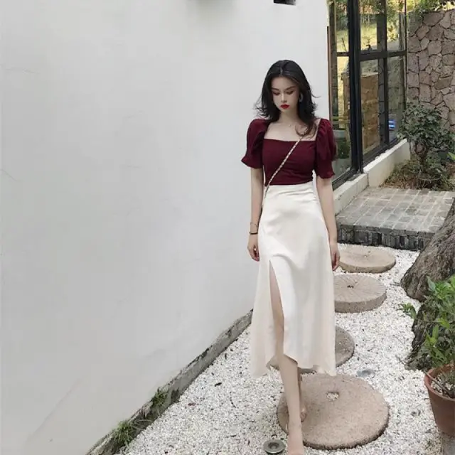 Court Style Square Collar Top High Waist Side Slit Skirt For Women Coat Skirt - Shop at LoveMi